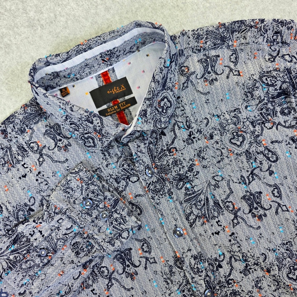 Eight X Premium Slim Fit Paisley Button Down Shirt Men's XL Blue Grey‎ Buckle